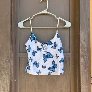 Rue21 White and Blue Tie Front Crop Camisole